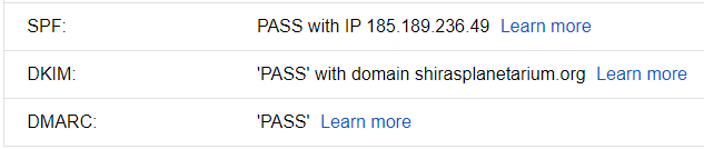 Image shows the SPF, DKIM, and DMARC email headers as displayed in Gmail.